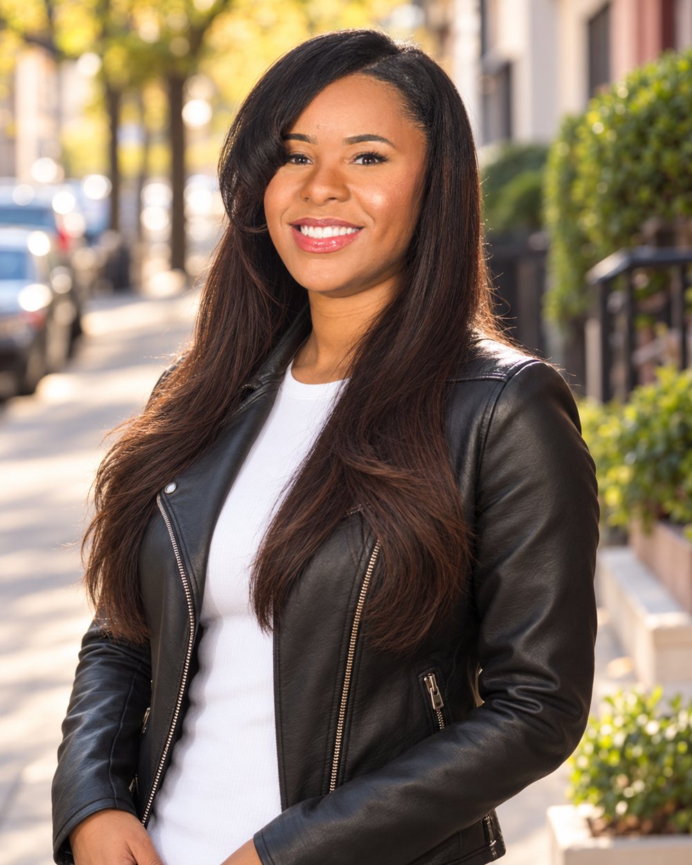 Alesha Taylor in a black leather jacket