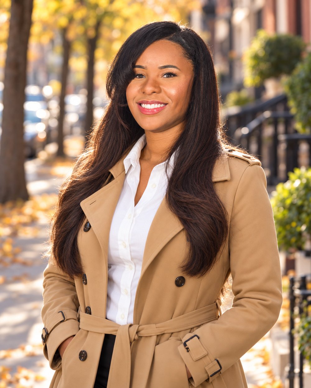 Alesha Taylor in a tan trench coat